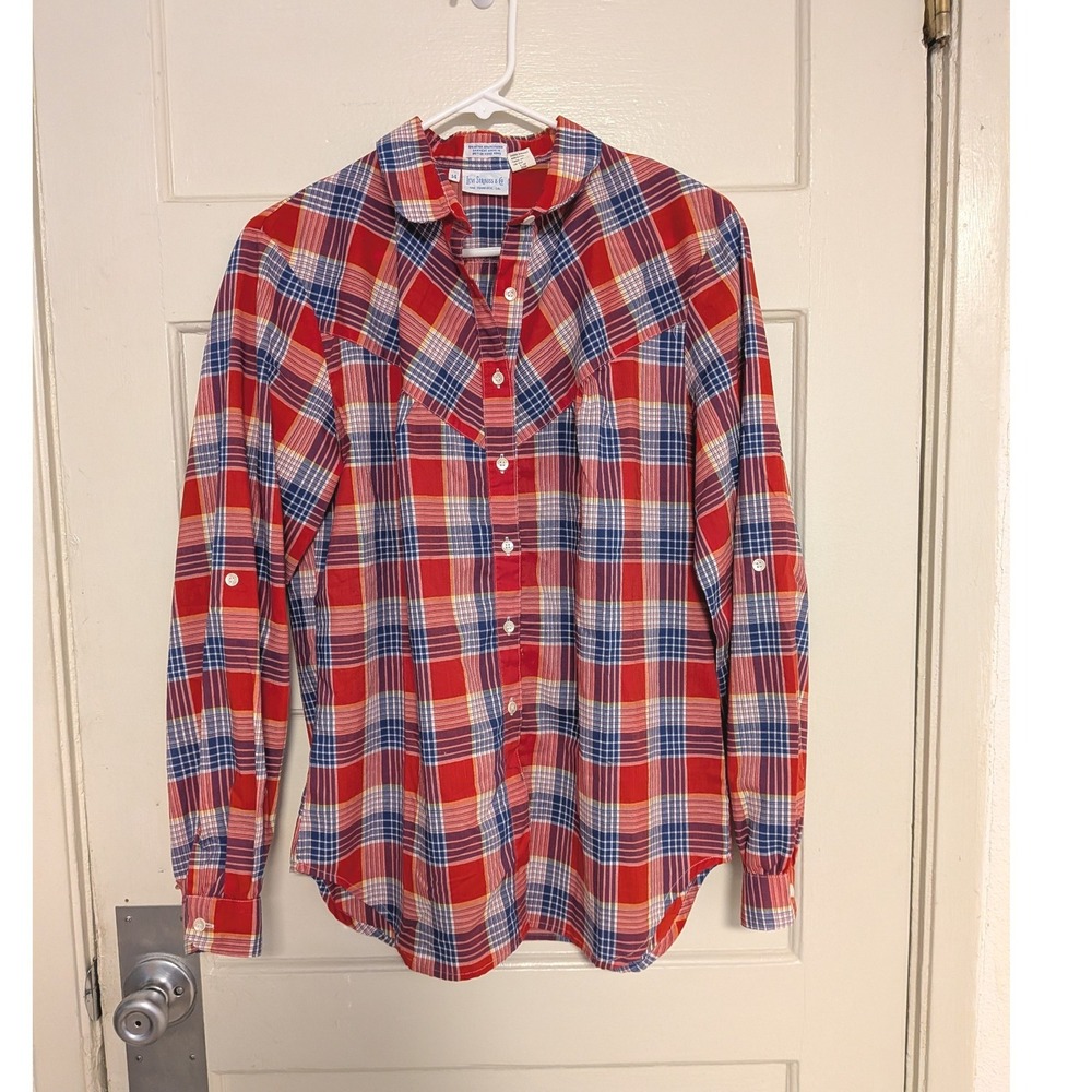 Vintage 1970s Tag Levi Strauss Red Blue Plaid Western Yoke Roll Tab Shirt 14